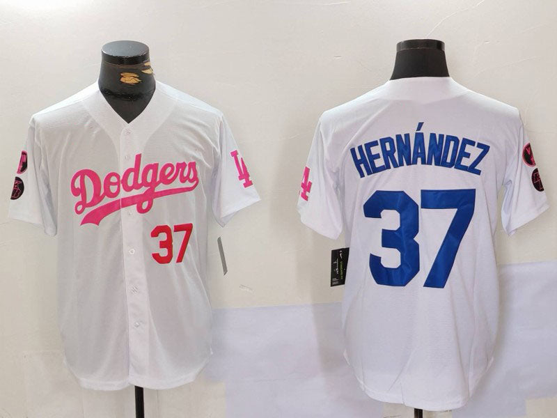 Los Angeles Dodgers #37 Teoscar Hern¨¢ndez White Pink Vin & Kobe Patch Stitched Baseball Jersey baseball jersey product view 1