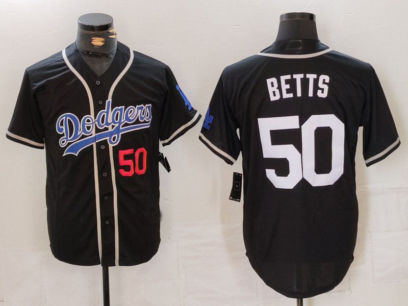 Los Angeles Dodgers #50 Mookie Betts Number Black White Cool Base Stitched Baseball Jersey baseball jersey product view 1