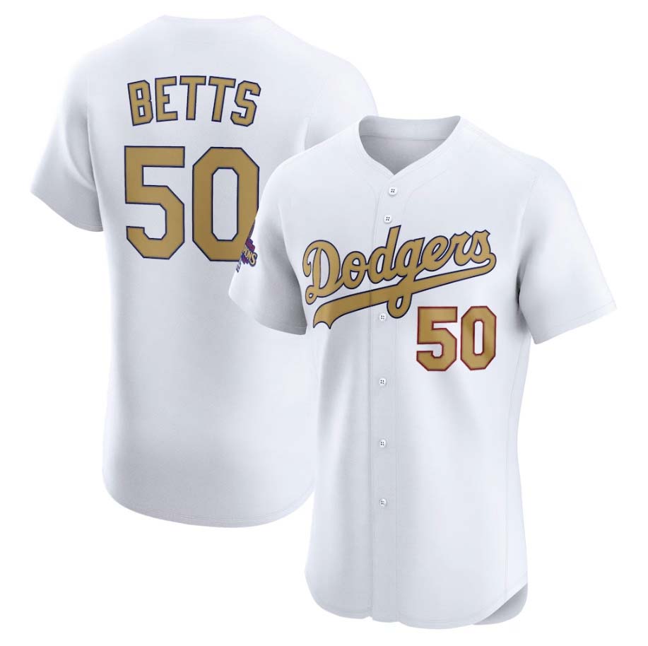 Los Angeles Dodgers #50 Mookie Betts White 2025 Gold Collection Elite Stitched Baseball Jersey baseball jersey product view 1