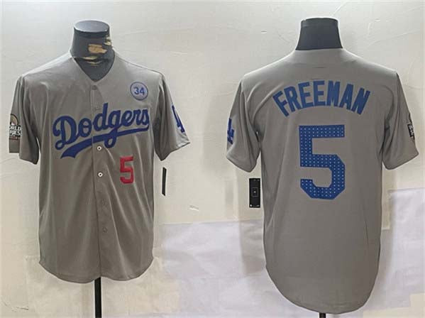 Los Angeles Dodgers #5 Freddie Freeman Gray 2024 World Series With No. 34 Patch Limited Stitched Baseball Jersey baseball jersey product view 1
