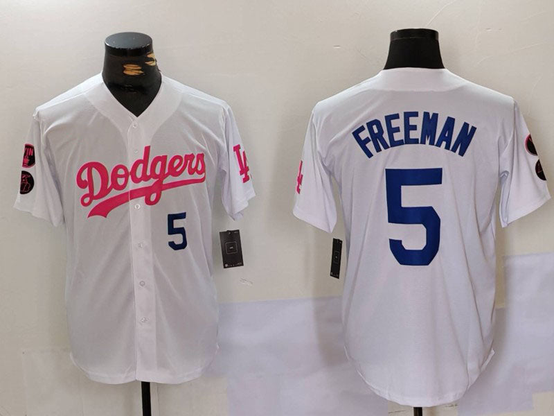 Los Angeles Dodgers #5 Freddie Freeman White Pink Vin & Kobe Patch Stitched Baseball Jersey baseball jersey product view 1