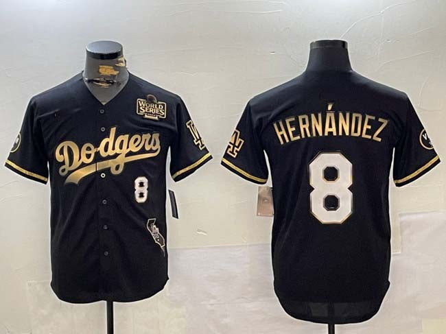 Los Angeles Dodgers #8 Enrique Hern¨¢ndez Black Gold 2024 World Series With Vin & California Patch Vapor Premier Limited Stitched Baseball Jersey baseball jersey product view 1