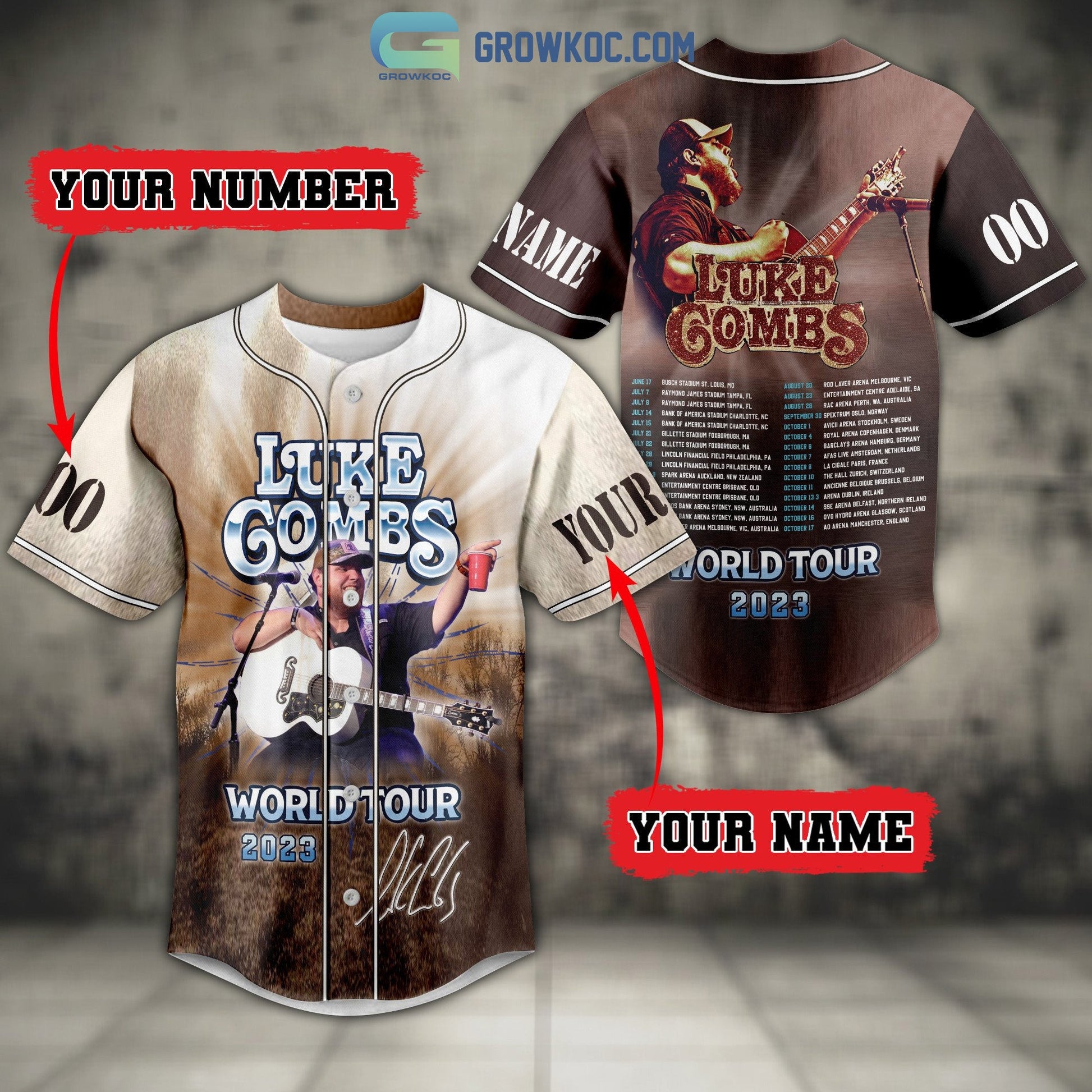 Luke Combs World Tour 2023 Personalized Baseball Jersey Unisex T-shirt, Sweatshirt, Hoodie, Long Sleeve Tee - T-Shirt, Sweatshirt, Hoodie