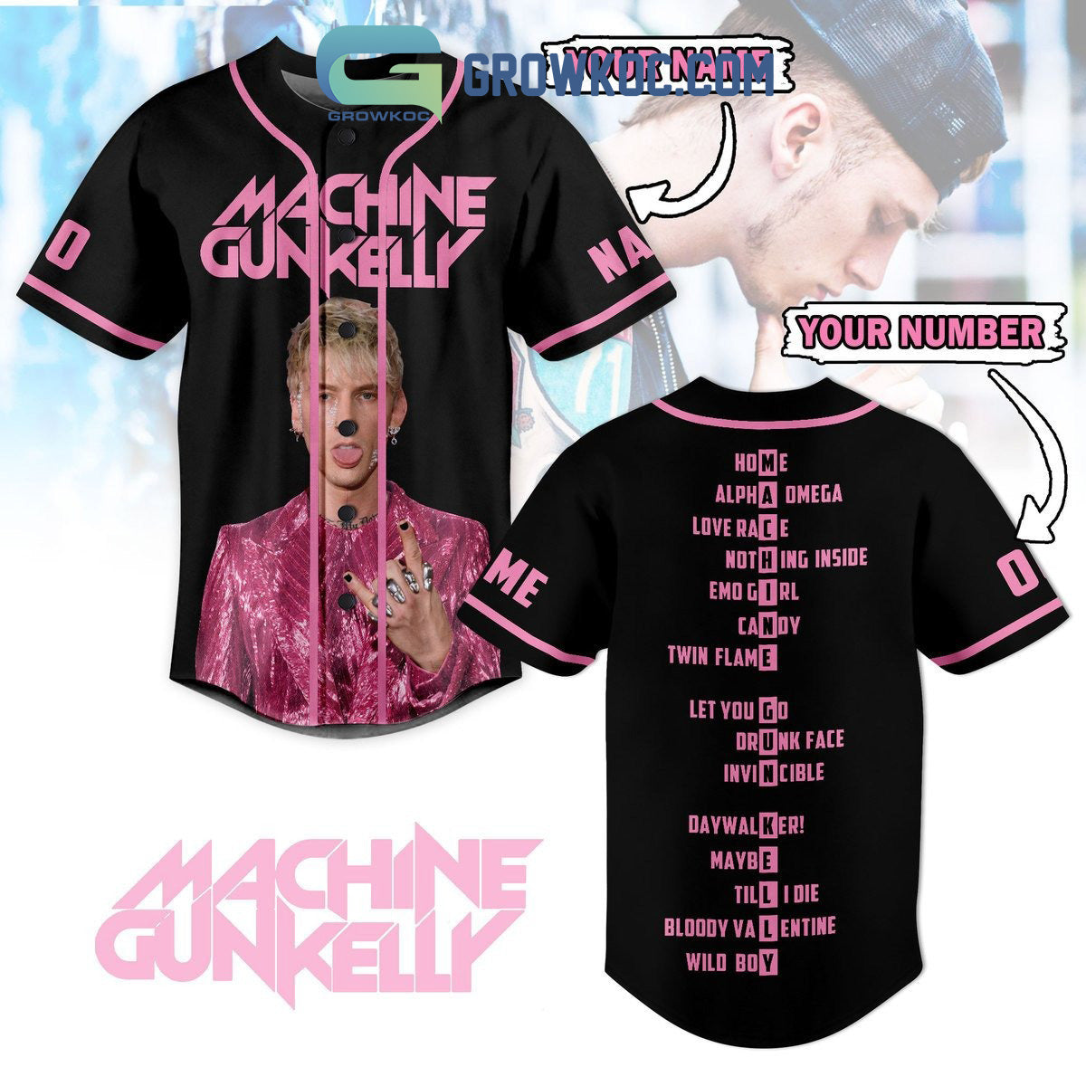Machine Gun Kelly All Hit Song Personalized Baseball Jersey Unisex T-shirt, Sweatshirt, Hoodie, Long Sleeve Tee - T-Shirt, Sweatshirt, Hoodie