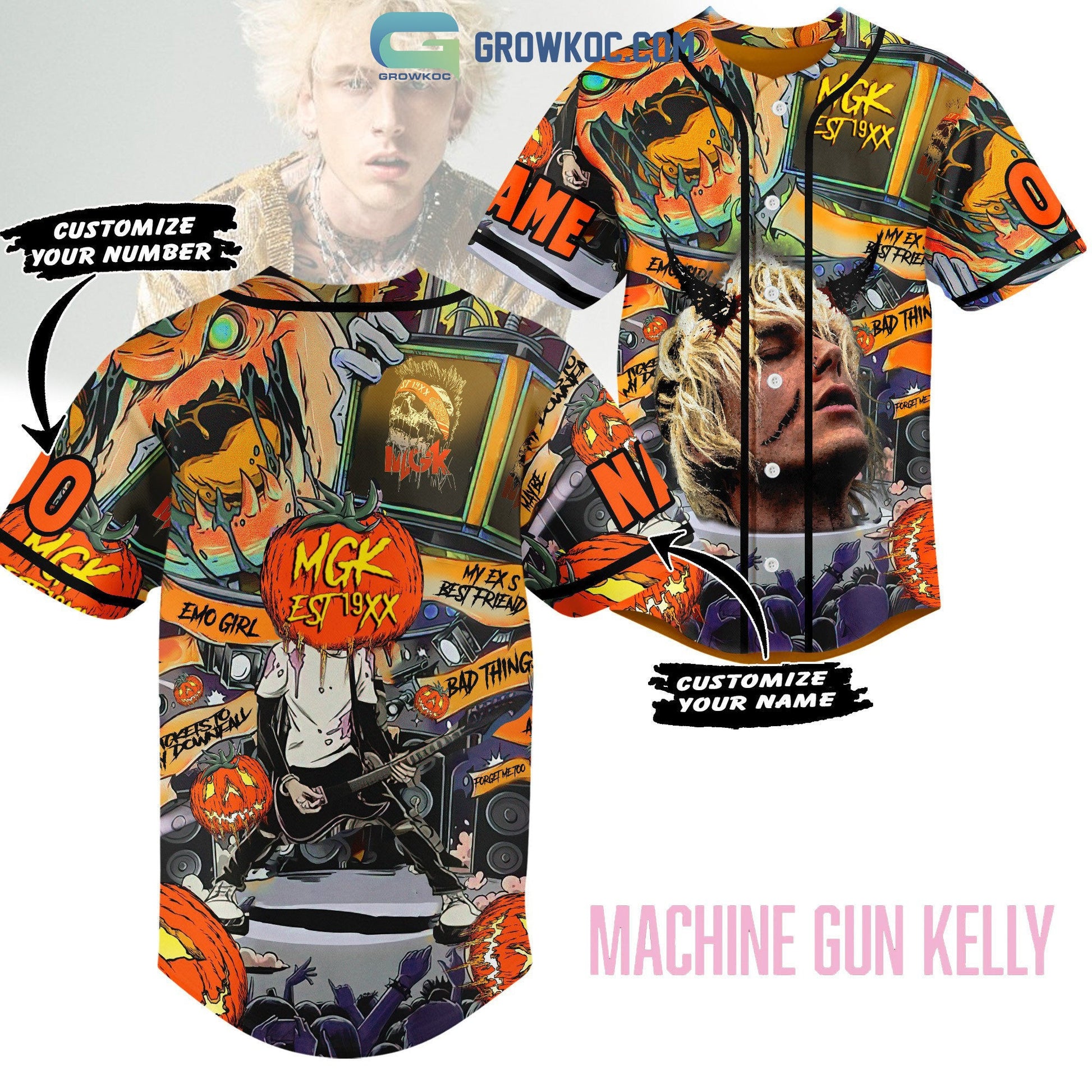 Machine Gun Kelly Halloween Pumpkin Personalized Baseball Jersey Unisex T-shirt, Sweatshirt, Hoodie, Long Sleeve Tee - T-Shirt, Sweatshirt, Hoodie