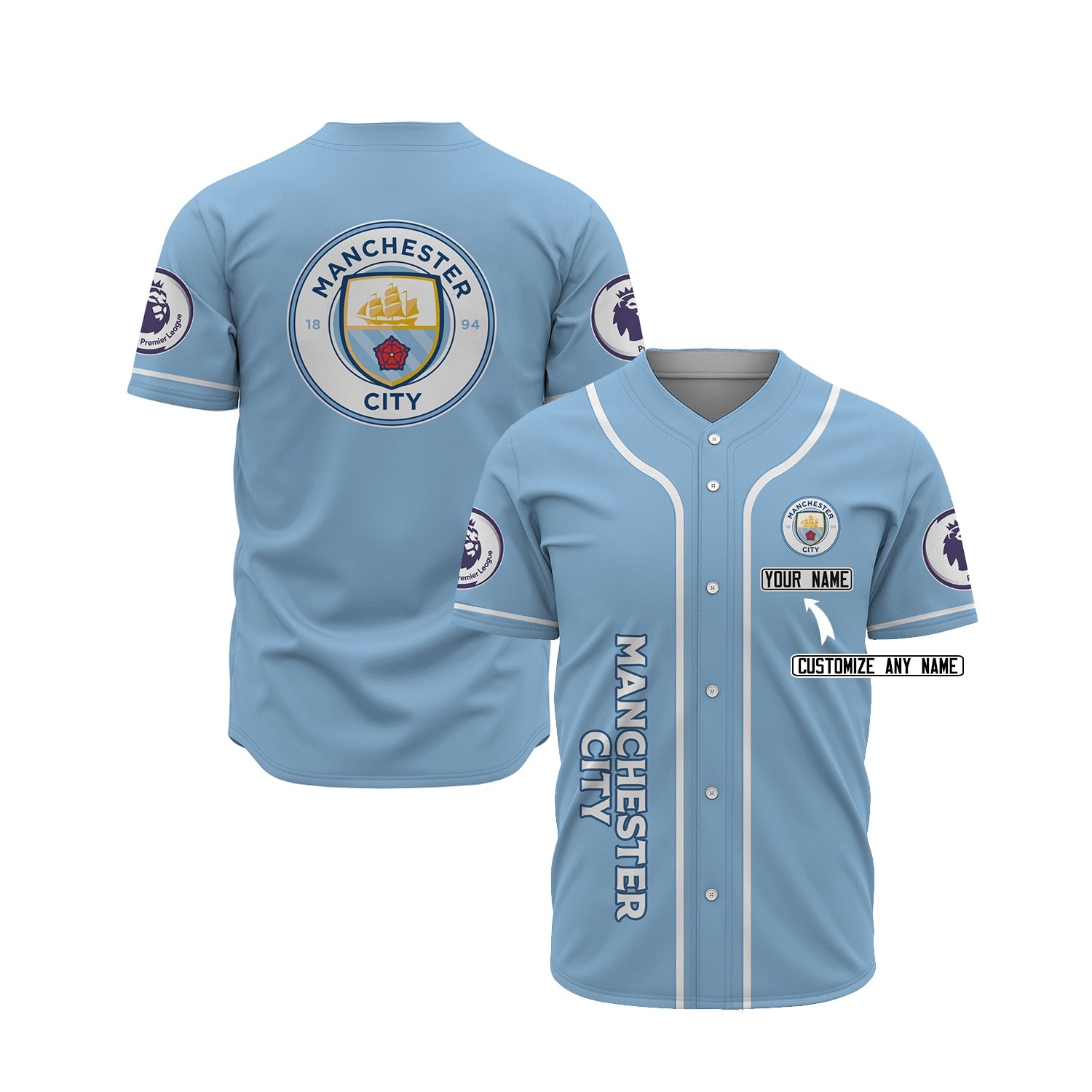 Manchester City Personalized Custom Sky Blue Baseball Jersey Unisex T-shirt, Sweatshirt, Hoodie, Long Sleeve Tee - T-Shirt, Sweatshirt, Hoodie