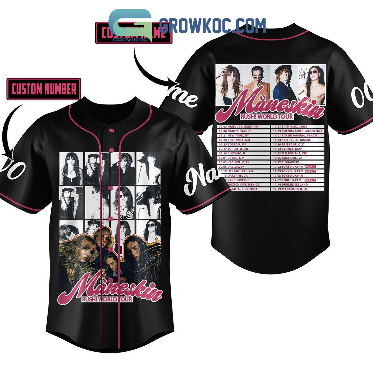 Maneskin Rush World Tour Personalized Baseball Jersey Unisex T-shirt, Sweatshirt, Hoodie, Long Sleeve Tee - T-Shirt, Sweatshirt, Hoodie