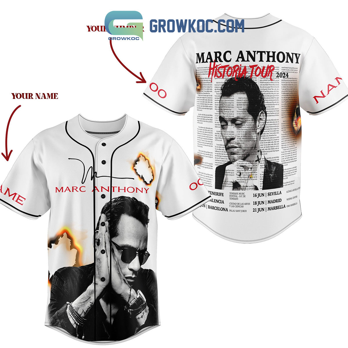 Marc Anthony Historia Tour 2024 Personalized Baseball Jersey Unisex T-shirt, Sweatshirt, Hoodie, Long Sleeve Tee - T-Shirt, Sweatshirt, Hoodie