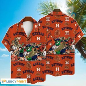 Mascot And Leaves Tropical Pattern Astros Hawaiian Shirt For Fans Unisex T-shirt, Sweatshirt, Hoodie, Long Sleeve Tee - T-Shirt, Sweatshirt, Hoodie