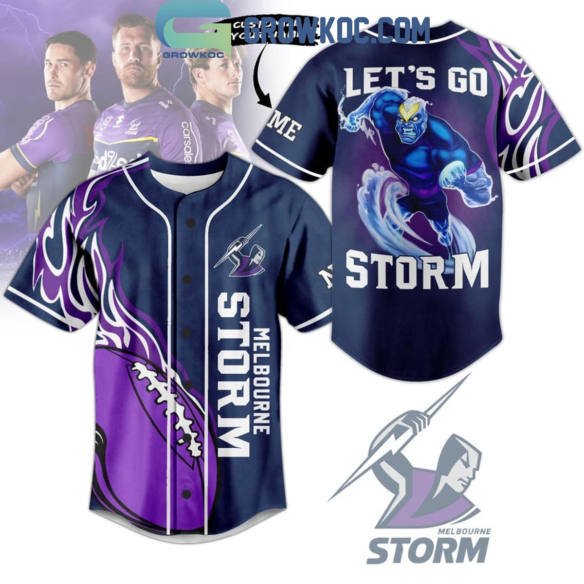 Melbourne Storm Lets Go Storm Flames Personalized Baseball Jersey Unisex T-shirt, Sweatshirt, Hoodie, Long Sleeve Tee - T-Shirt, Sweatshirt, Hoodie