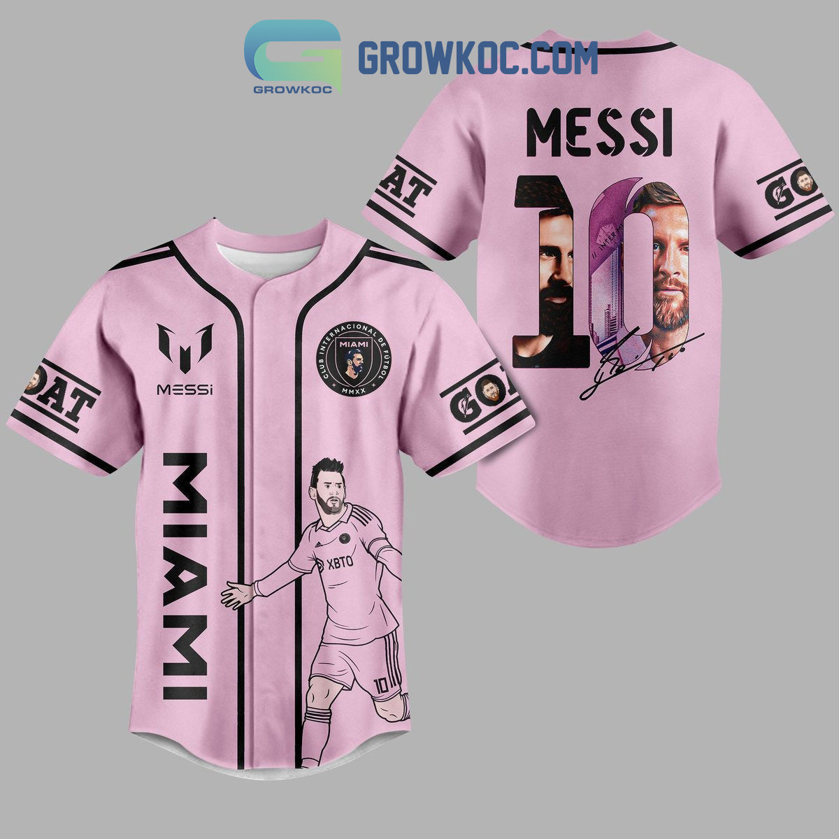 Messi 10 Goat Inter Miami Pink Design Personalized Baseball Jersey Unisex T-shirt, Sweatshirt, Hoodie, Long Sleeve Tee - T-Shirt, Sweatshirt, Hoodie