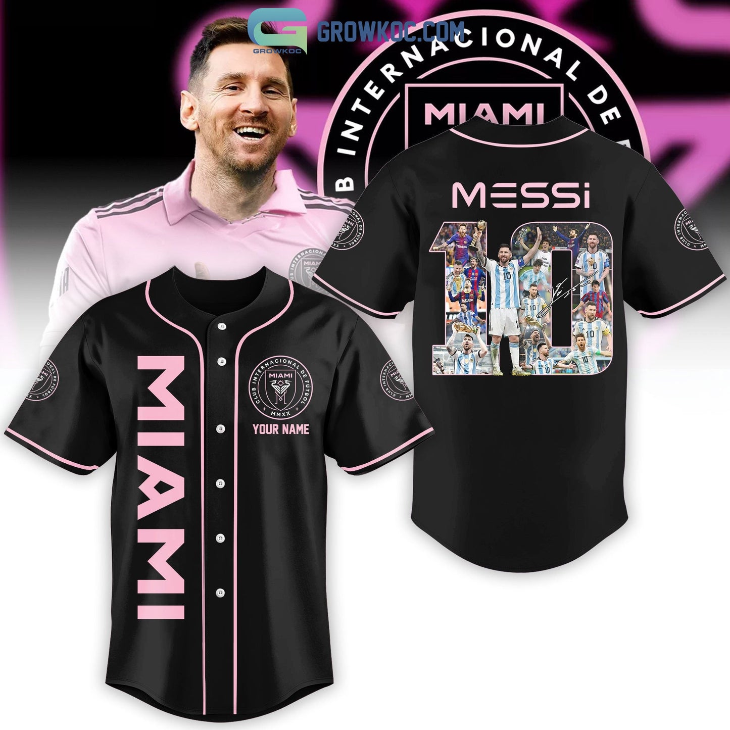 Messi 10 Miami FC Black Design Personalized Baseball Jersey Unisex T-shirt, Sweatshirt, Hoodie, Long Sleeve Tee - T-Shirt, Sweatshirt, Hoodie