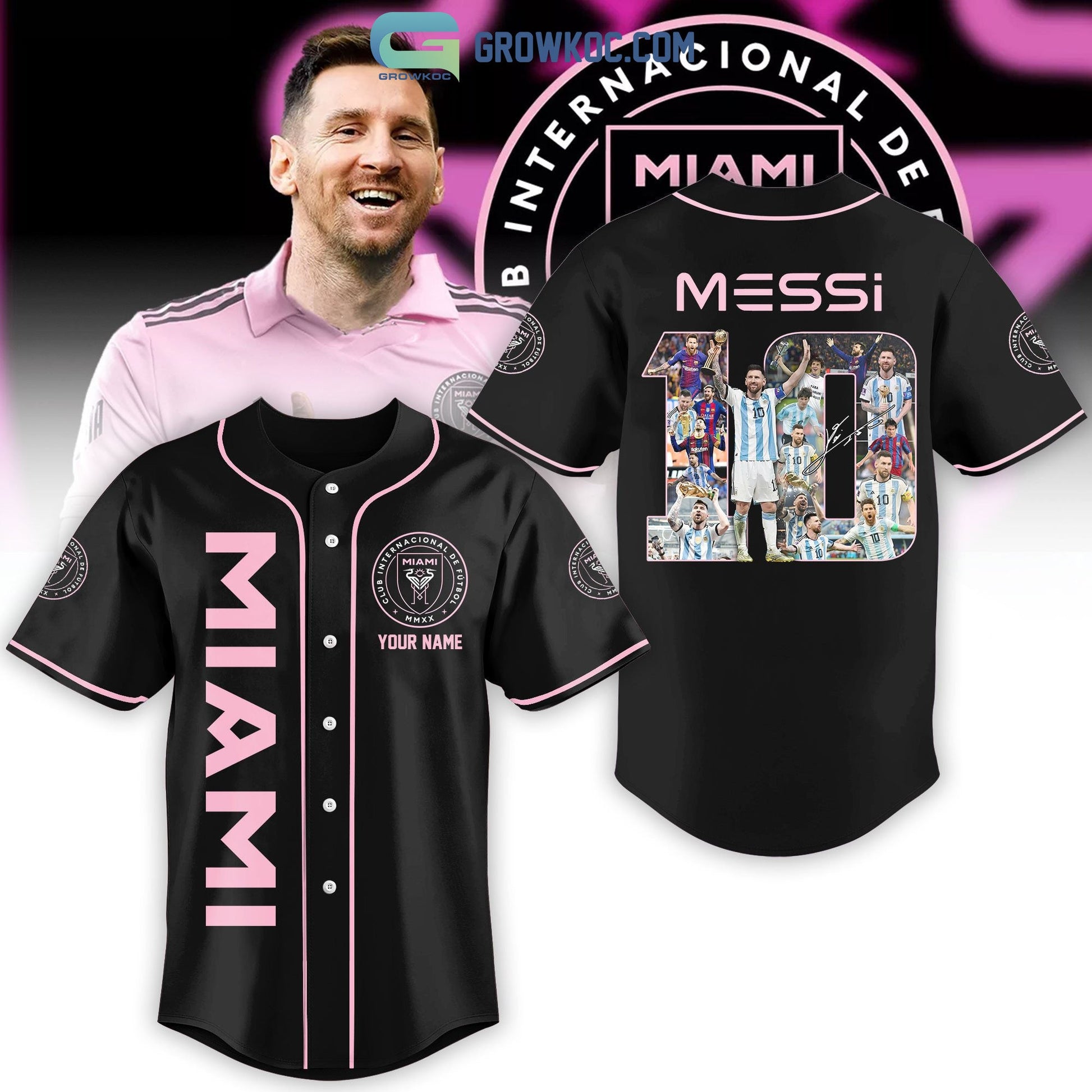 Messi 10 Miami FC Black Design Personalized Baseball Jersey Unisex T-shirt, Sweatshirt, Hoodie, Long Sleeve Tee - T-Shirt, Sweatshirt, Hoodie