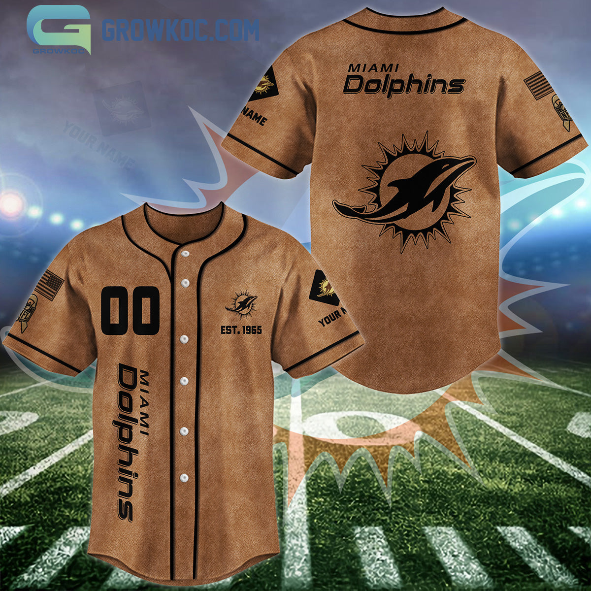 Miami Dolphins Brown American Flag Personalized Baseball Jersey Unisex T-shirt, Sweatshirt, Hoodie, Long Sleeve Tee - T-Shirt, Sweatshirt, Hoodie