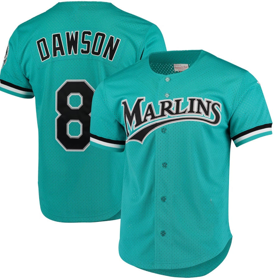 Miami Marlins #8 Andre Dawson Cooperstown Collection Mesh Batting Practice Button-Up Jersey - Teal Stitched Baseball Jersey baseball jersey product view 1