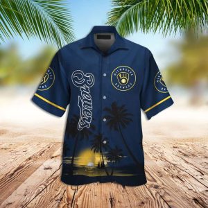 Milwaukee Brewers Blue Tropical Island Sunset Hawaiian Shirt - Brewers Hawaiian Shirt Unisex T-shirt, Sweatshirt, Hoodie, Long Sleeve Tee - T-Shirt, Sweatshirt, Hoodie