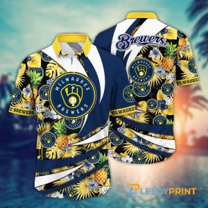 Milwaukee Brewers Logo Tropical Fruilts MLB Hawaiian Shirt Unisex T-shirt, Sweatshirt, Hoodie, Long Sleeve Tee - T-Shirt, Sweatshirt, Hoodie