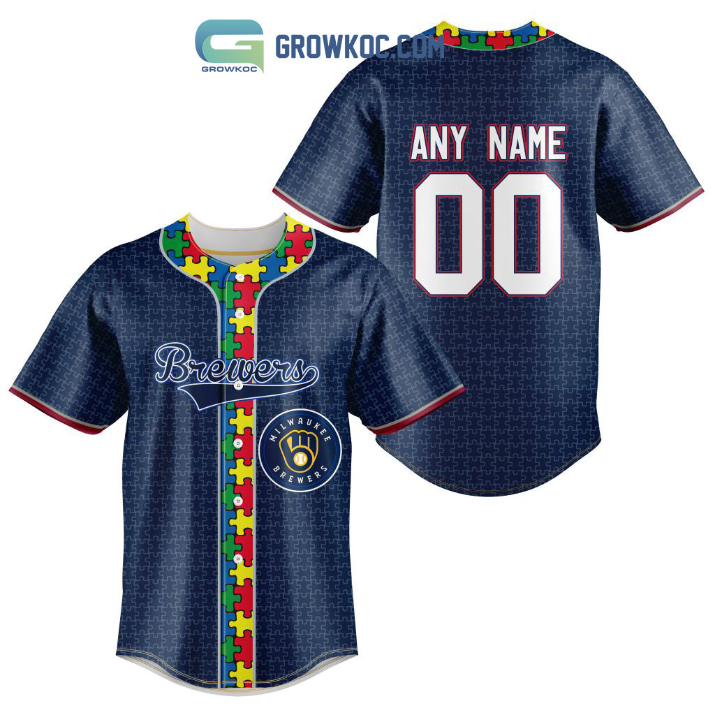 Milwaukee Brewers MLB Fearless Against Autism Personalized Baseball Jersey Unisex T-shirt, Sweatshirt, Hoodie, Long Sleeve Tee - T-Shirt, Sweatshirt, Hoodie