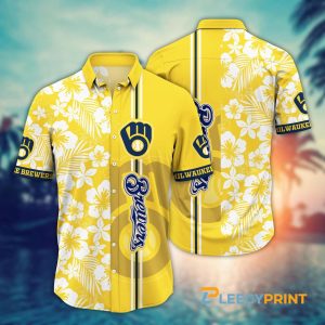 Milwaukee Brewers MLB Hibiscus Flower Pattern Hawaiian Shirt Unisex T-shirt, Sweatshirt, Hoodie, Long Sleeve Tee - T-Shirt, Sweatshirt, Hoodie