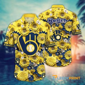 Milwaukee Brewers MLB Inflated Floral Hawaiian Shirt For This Summer Unisex T-shirt, Sweatshirt, Hoodie, Long Sleeve Tee - T-Shirt, Sweatshirt, Hoodie