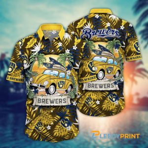 Milwaukee Brewers MLB Surfing Car Palm Branch Hawaiian Shirt Unisex T-shirt, Sweatshirt, Hoodie, Long Sleeve Tee - T-Shirt, Sweatshirt, Hoodie
