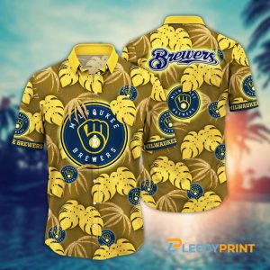 Milwaukee Brewers MLB Tropical Leaves Pattern Yellow Hawaiian Shirt Unisex T-shirt, Sweatshirt, Hoodie, Long Sleeve Tee - T-Shirt, Sweatshirt, Hoodie