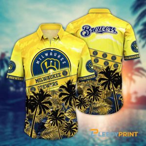 Milwaukee Brewers Palm Trees MLB Short Sleeve Hawaiian Shirt Unisex T-shirt, Sweatshirt, Hoodie, Long Sleeve Tee - T-Shirt, Sweatshirt, Hoodie