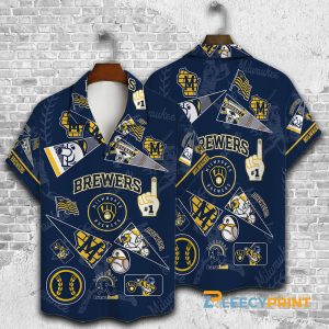Milwaukee Brewers Pattern Navy Blue Vintage Hawaiian Shirt Unisex T-shirt, Sweatshirt, Hoodie, Long Sleeve Tee - T-Shirt, Sweatshirt, Hoodie