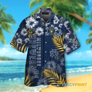 Milwaukee Brewers Short Sleeve Tropical Navy Blue Hawaiian Shirt Unisex T-shirt, Sweatshirt, Hoodie, Long Sleeve Tee - T-Shirt, Sweatshirt, Hoodie