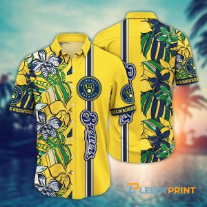 Milwaukee Brewers Tropical Floral MLB Yellow Hawaiian Shirt Unisex T-shirt, Sweatshirt, Hoodie, Long Sleeve Tee - T-Shirt, Sweatshirt, Hoodie