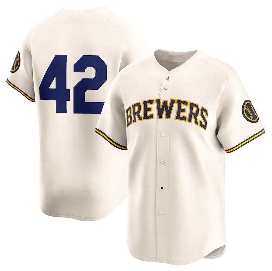 Milwaukee Brewers 2024 #42 Jackie Robinson Day Home Limited Jersey ¨C Cream Stitches Baseball Jerseys baseball jersey product view 1