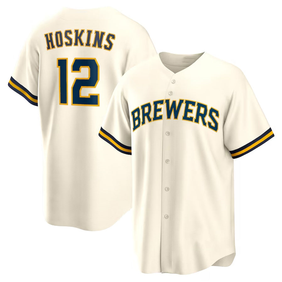 Milwaukee Brewers #12 Rhys Hoskins Home Replica Player Jersey - Cream Stitched Baseball Jersey baseball jersey product view 1