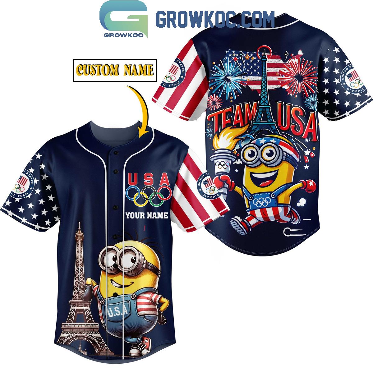 Minions Team USA Olympic Paris 2024 Firework Victory Personalized Baseball Jersey Unisex T-shirt, Sweatshirt, Hoodie, Long Sleeve Tee - T-Shirt, Sweatshirt, Hoodie