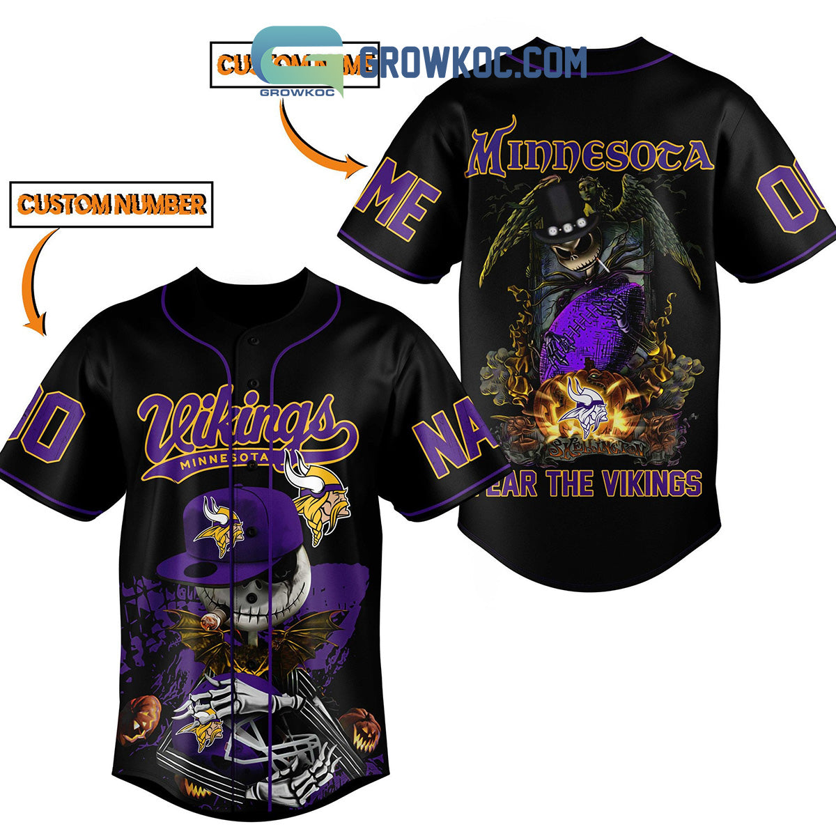 Minnesota Fear The Vikings Jack Skellington Halloween Personalized Baseball Jersey Unisex T-shirt, Sweatshirt, Hoodie, Long Sleeve Tee - T-Shirt, Sweatshirt, Hoodie