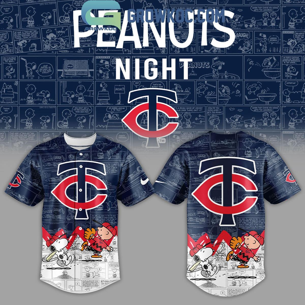 Minnesota Twins Peanuts 75th Anniversary Baseball Jersey Unisex T-shirt, Sweatshirt, Hoodie, Long Sleeve Tee - T-Shirt, Sweatshirt, Hoodie