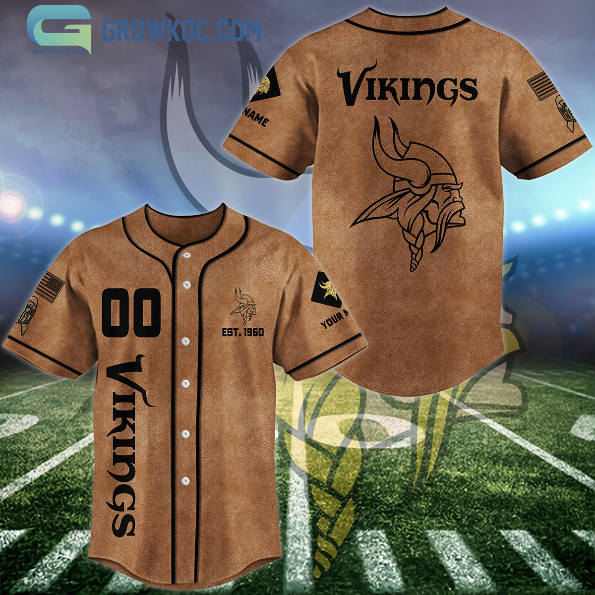 Minnesota Vikings Brown American Flag Personalized Baseball Jersey Unisex T-shirt, Sweatshirt, Hoodie, Long Sleeve Tee - T-Shirt, Sweatshirt, Hoodie