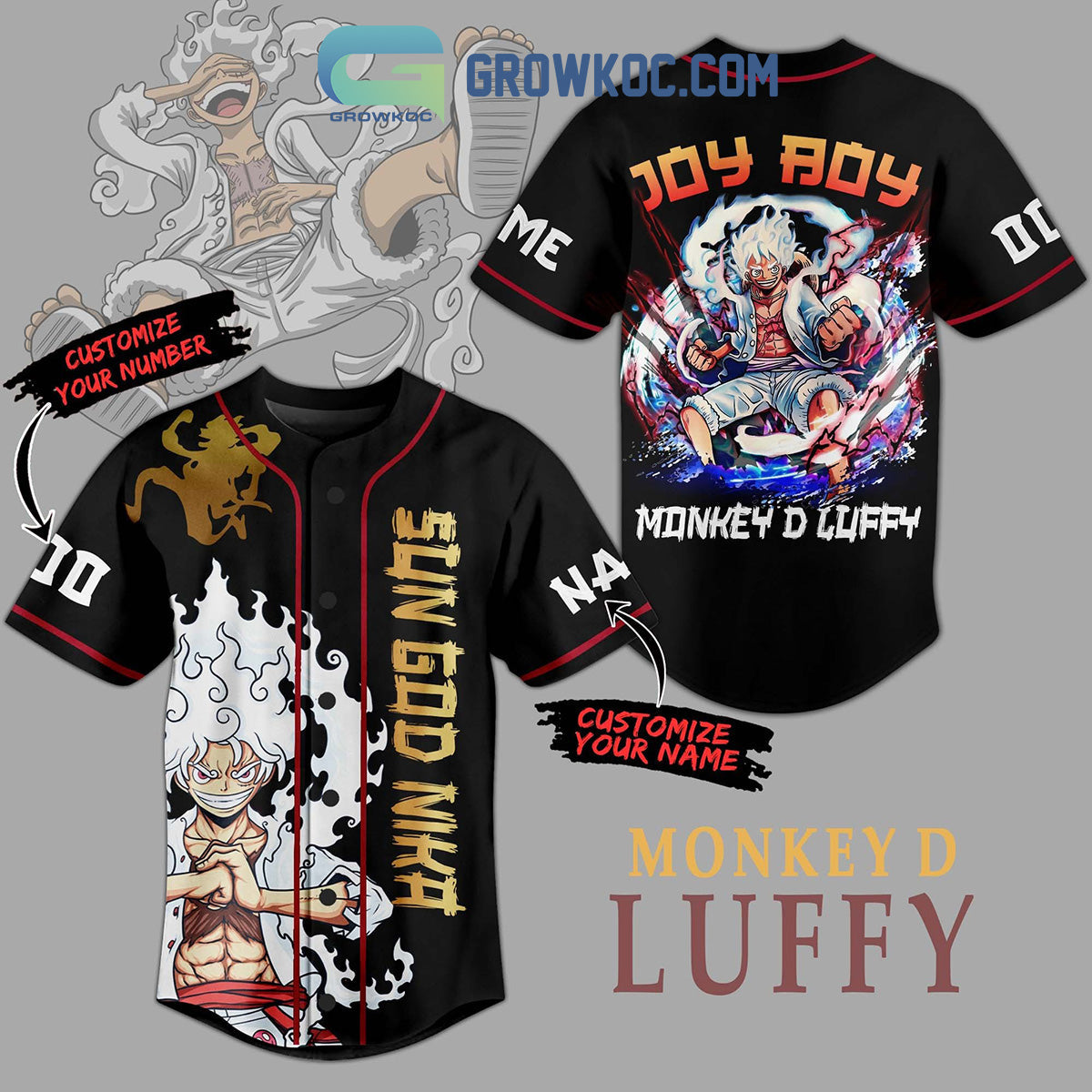 Monkey D Luffy Sun God Nika Personalized Baseball Jersey Unisex T-shirt, Sweatshirt, Hoodie, Long Sleeve Tee - T-Shirt, Sweatshirt, Hoodie