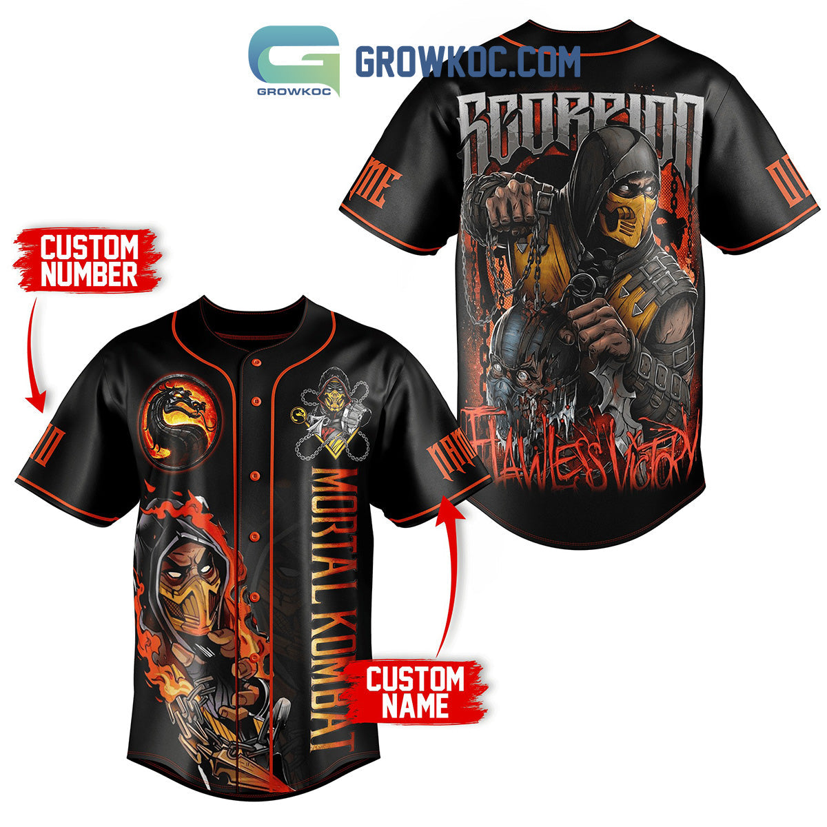 Mortal Kombat Scorpion Flawless Victory Personalized Baseball Jersey Unisex T-shirt, Sweatshirt, Hoodie, Long Sleeve Tee - T-Shirt, Sweatshirt, Hoodie