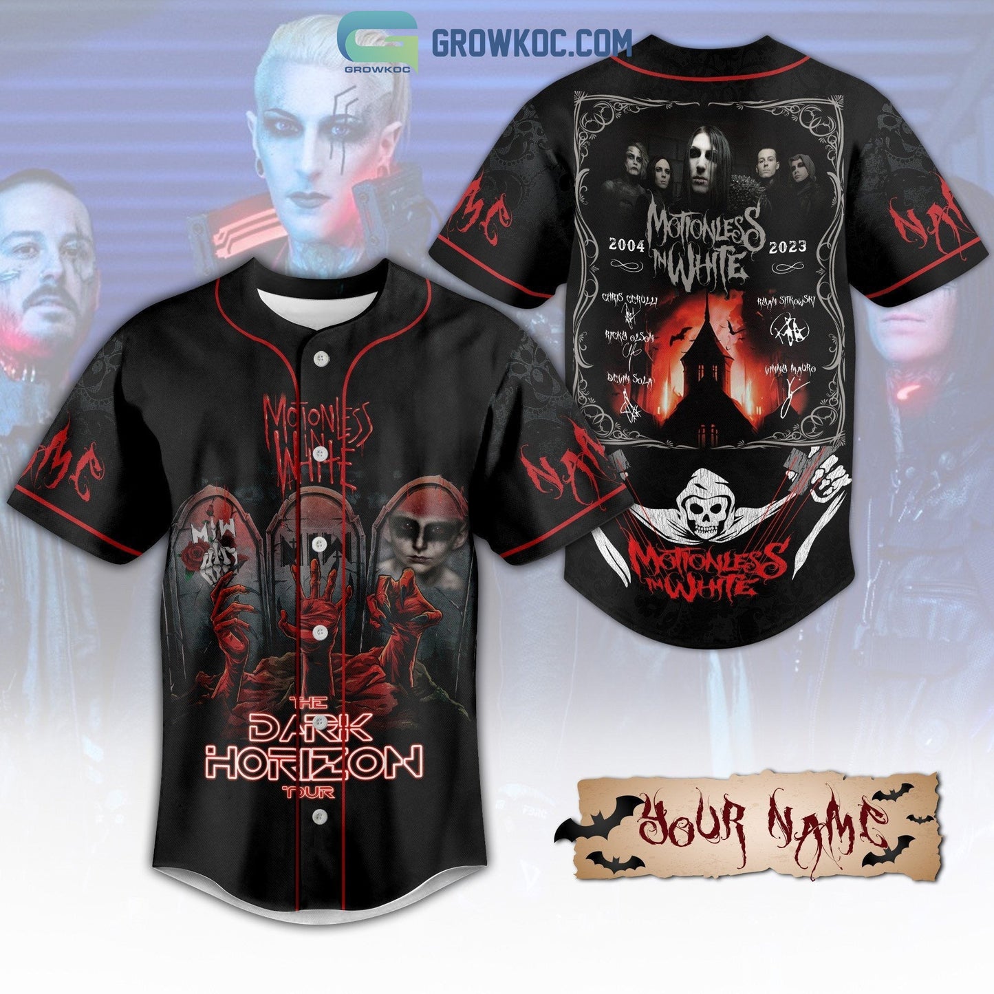 Motionless In White The Dark Horizon Tour 2023 Personalized Baseball Jersey Unisex T-shirt, Sweatshirt, Hoodie, Long Sleeve Tee - T-Shirt, Sweatshirt, Hoodie