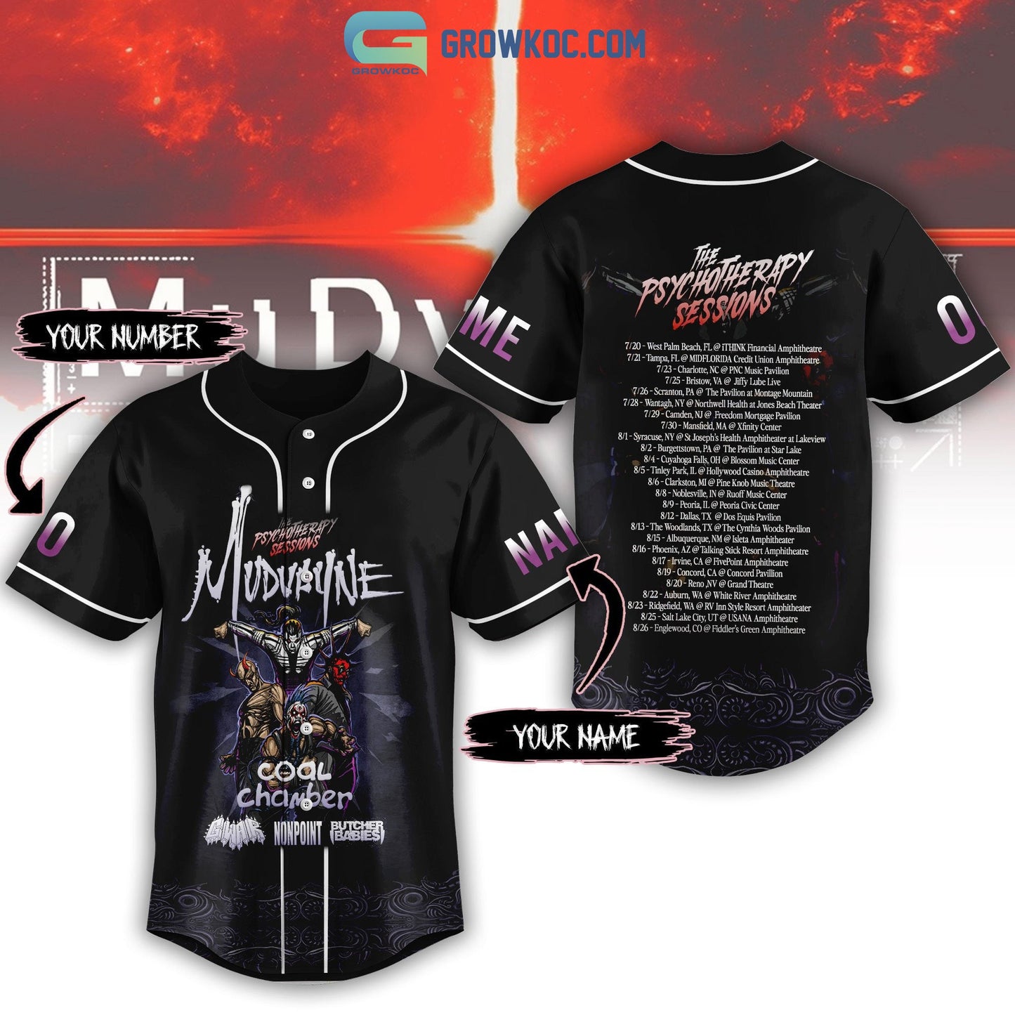 Mudvayne The Psychotherapy Sessions 2023 Tour Personalized Baseball Jersey Unisex T-shirt, Sweatshirt, Hoodie, Long Sleeve Tee - T-Shirt, Sweatshirt, Hoodie