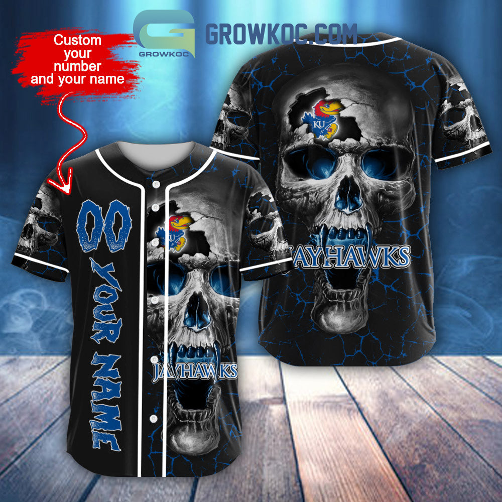 NCAA Kansas Jayhawks Personalized Skull Design Baseball Jersey Unisex T-shirt, Sweatshirt, Hoodie, Long Sleeve Tee - T-Shirt, Sweatshirt, Hoodie