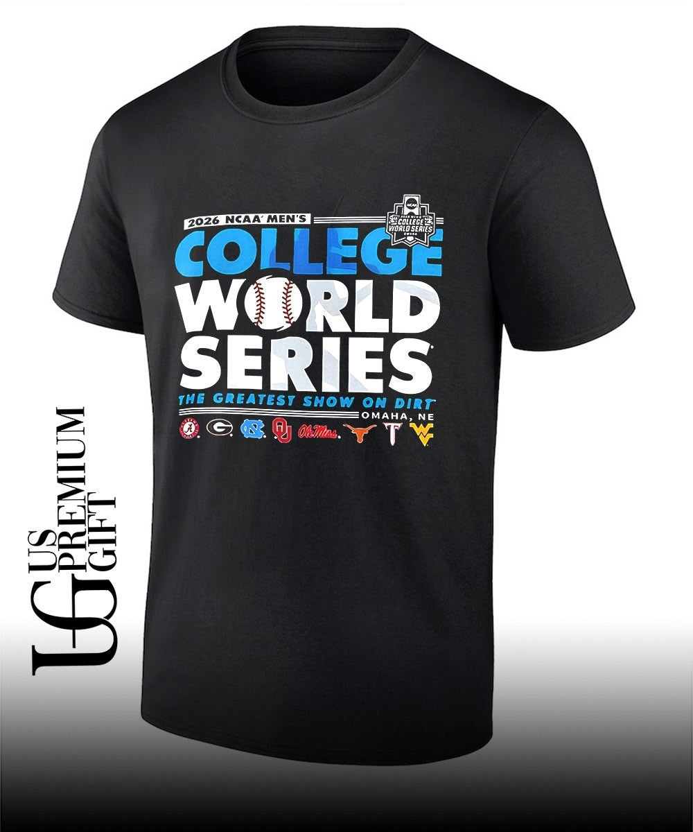 NCAA Mens College World Series the greatest show on dirt Omaha NE 2026 shirt Unisex T-shirt, Sweatshirt, Hoodie, Long Sleeve Tee - T-Shirt, Sweatshirt, Hoodie