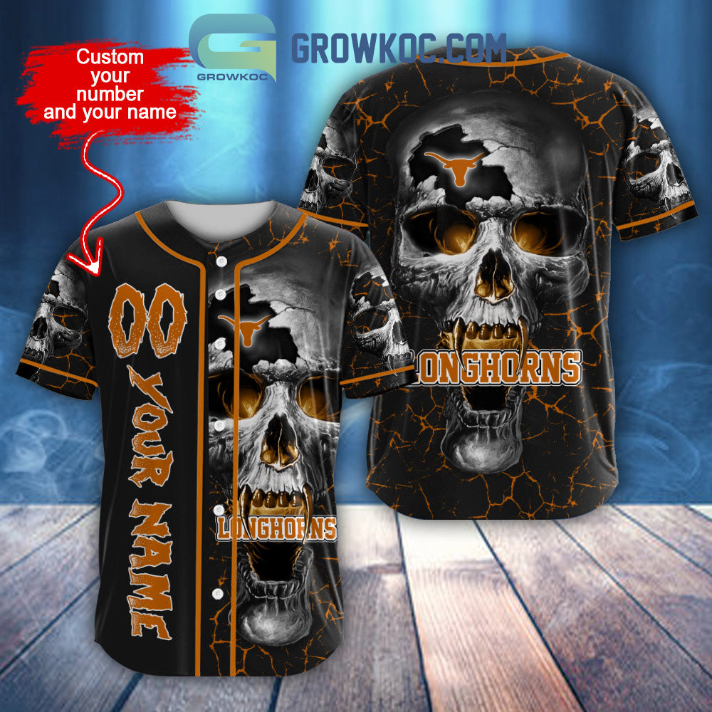 NCAA Texas Longhorns Personalized Skull Design Baseball Jersey Unisex T-shirt, Sweatshirt, Hoodie, Long Sleeve Tee - T-Shirt, Sweatshirt, Hoodie
