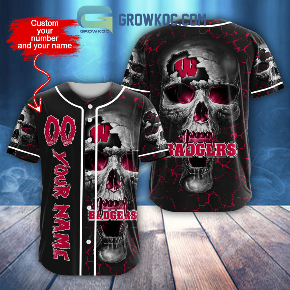 NCAA Wisconsin Badgers Personalized Skull Design Baseball Jersey Unisex T-shirt, Sweatshirt, Hoodie, Long Sleeve Tee - T-Shirt, Sweatshirt, Hoodie
