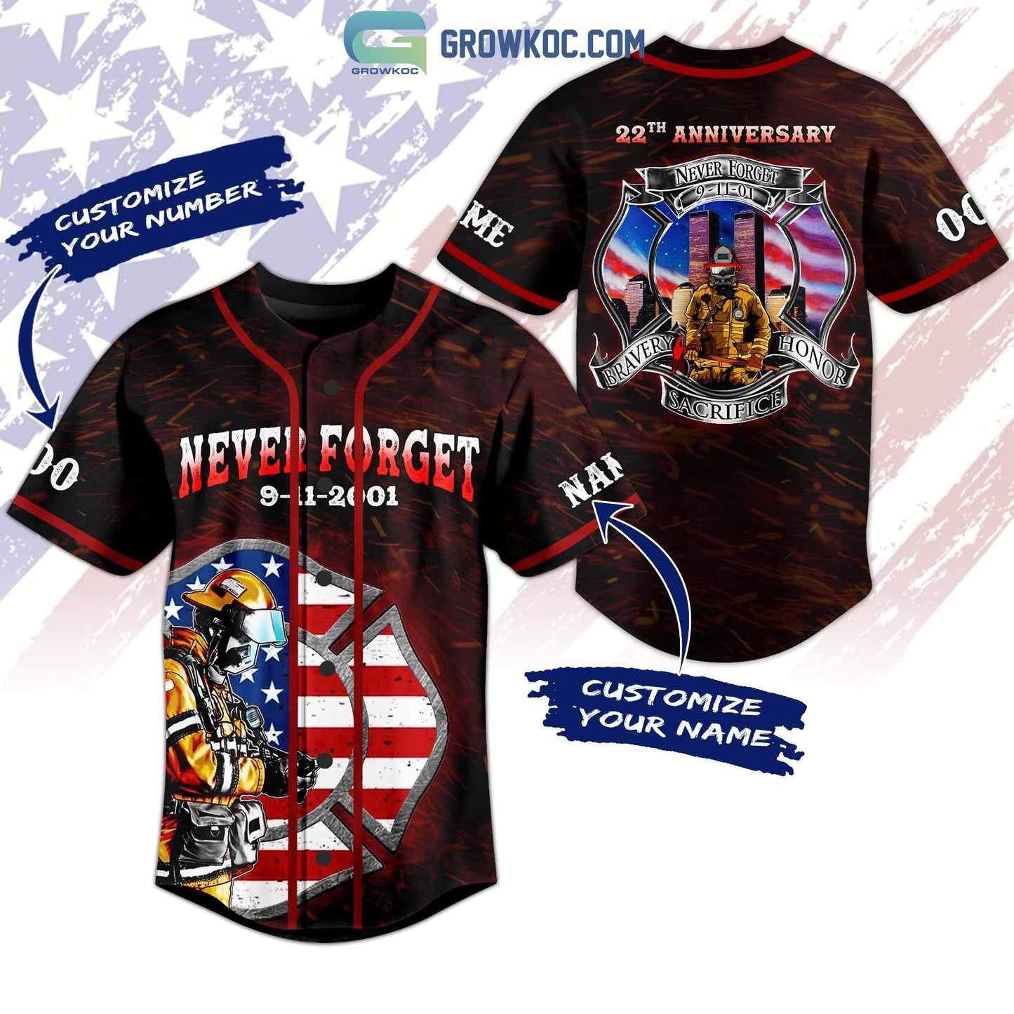 Never Forget 9 11 2001 22th Anniversary Bravery Honor Sacrifice Personalized Baseball Jersey - T-Shirt, Sweatshirt, Hoodie