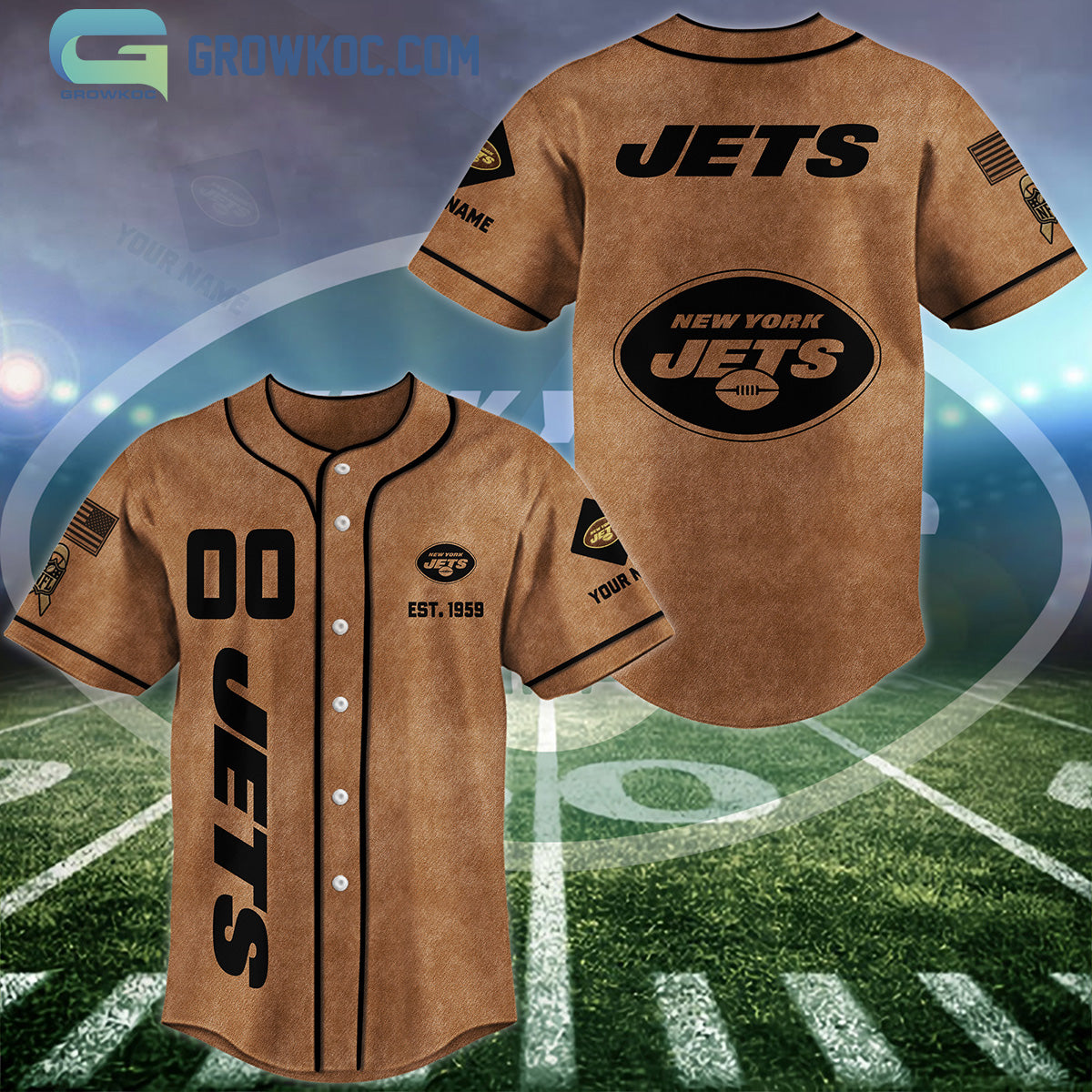 New York Jets Brown American Flag Personalized Baseball Jersey Unisex T-shirt, Sweatshirt, Hoodie, Long Sleeve Tee - T-Shirt, Sweatshirt, Hoodie