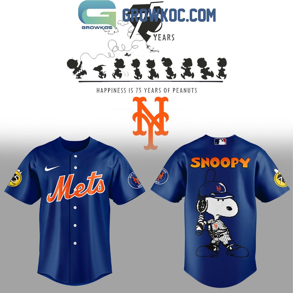 New York Mets Happiness Is 75 Years Of Peanuts Baseball Jersey Unisex T-shirt, Sweatshirt, Hoodie, Long Sleeve Tee - T-Shirt, Sweatshirt, Hoodie