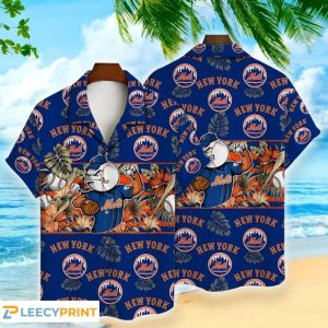 New York Mets Hawaiian Shirt Mascot And Leaves Tropical Style Unisex T-shirt, Sweatshirt, Hoodie, Long Sleeve Tee - T-Shirt, Sweatshirt, Hoodie