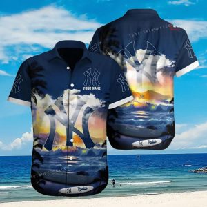 New York Yankees MLB Custom Name Cheap Button Up Hawaiian Shirt Unisex T-shirt, Sweatshirt, Hoodie, Long Sleeve Tee - T-Shirt, Sweatshirt, Hoodie