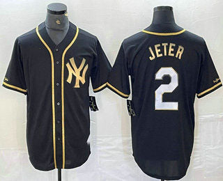 New York Yankees #2 Derek Jeter Black Gold Cool Base Stitched Baseball Jersey baseball jersey product view 1